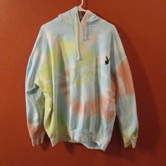 Playboy Men Large Blue Red Yellow Tie Dye Warm Long Sleeve Pullover Hoodie - Picture 5 of 8